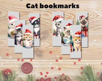 May include: Eight printable Christmas cat bookmarks. Each bookmark features a watercolor illustration of a kitten wearing a Santa hat. Some kittens are in teacups or near presents. The text "8 printable Christmas Cat bookmarks" is at the top.