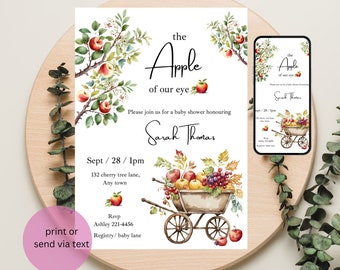 Faire-part de baby shower pomme modifiable faire-part de baby shower, la prunelle de nos yeux faire-part de baby shower sur le thème de l'automne pomme
