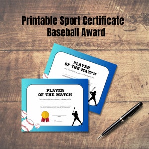 Baseball award printable baseball certificate sport player of the match sport award certificate