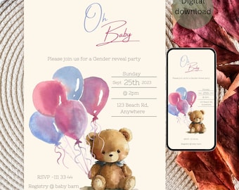 Teddy Bear Gender Reveal Invitation, Editable Party Evite (Digital Download)