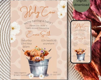 Invitación para baby shower con temática de vaca boho, impresión editable (descarga digital)