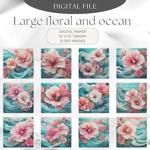 12 flores de malvarrosa junto al océano, flores grandes, JPG, descargas digitales de imágenes prediseñadas de tulipanes, creación de tarjetas, manualidades con papel digital, imágenes prediseñadas florales,