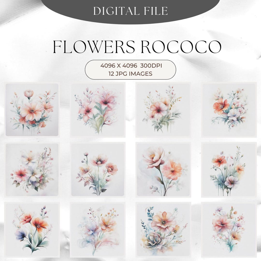 Rococo Flower Sticker ROCOCO Flowers Clipart, Flowers Print, Watercolor Clipart, 12 Quality ...