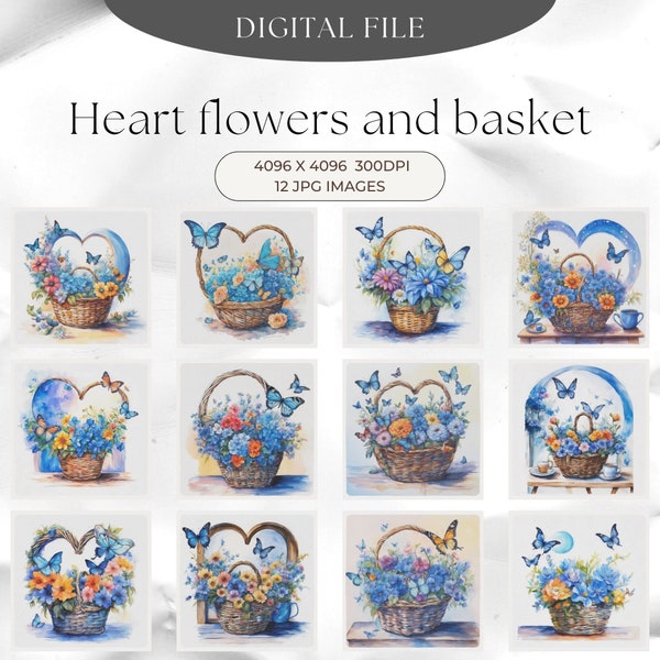 Symbolic heart shape basket flowers Clipart ,Junk Journals,Digital Planners Card Making, Mixed Media, Instant Download,Decoupage,butterflies