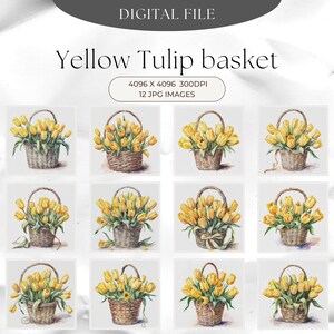 Żółty kosz tulipanów Clipart 12 Wysokiej Jakości JPG, Albumy, Księga Pamiątkowa, Dzienniki Śmieciowe, Planery Cyfrowe, Natychmiastowe Pobieranie, Decoupage