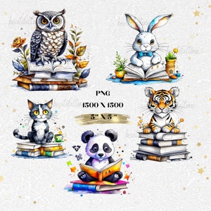 5 Watercolor Charmi Animals Clipart, Book Lovers Clipart, png, 300dpi