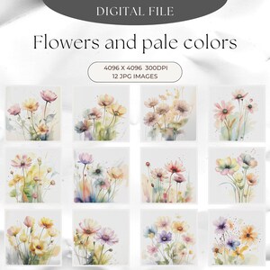 12 flores y colores pálidos, archivos JPG de calidad, descargas digitales de imágenes prediseñadas, creación de tarjetas, manualidades con papel digital, imágenes prediseñadas de flores de primavera, TAZA