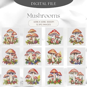 12 champignons aquarelles, grappe, unique, Clipart JPG, téléchargement numérique, autorisé, parfait, amoureux, fabrication de cartes, faire-part