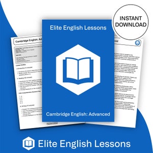 Puede incluir: Un plan de lección imprimible azul y blanco para Cambridge English: Advanced. El plan de lección incluye un esquema de lección, un pasaje de lectura, preguntas de comprensión y un aviso de escritura. El título "Elite English Lessons" está en la parte superior de la página.