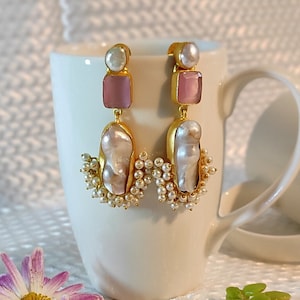 Handmade Pearl Earrings, Pearl Drop Earrings, Dangle drop Earring, Baroque Pearls Mother of Pearl Earrings valentine&#39;s gift for wife jewelry