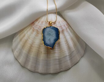 Agate Slice Pendant Necklace Blue Agate Necklace Dainty Boho Adjustable Simple Choker Turquoise Teardrop Necklace large Agate Pendant