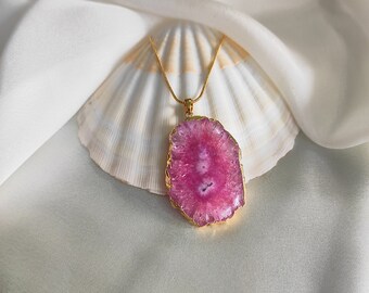 Natural Agate Pendent Necklace Handmade Gemstone Jewelry Pink Unique Statement Necklace minimalist Boho Jewelry Gift for Sister Gift for BFF