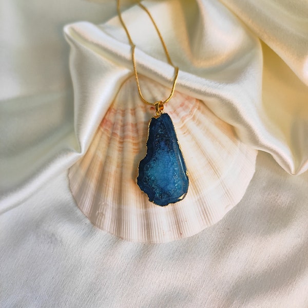 Agate Pendent Necklace Handcrafted Gemstone Jewelry Unique Statement Necklace Boho Peacock blue Agate Jewelry Gift for her