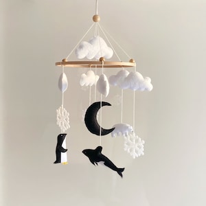 Baby Arctic Mobile with Orca Polarbear Snow Penguin Black and White Crib Mobile Moon and Clouds Unisex Nursery Mobile