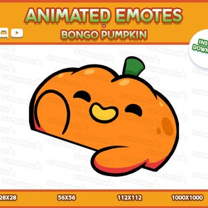 May include: Animated emote of a cartoon pumpkin with a smiling face. The pumpkin is orange with a green stem and a black outline. The text "BONGO PUMPKIN" is above the pumpkin. The image includes the text "INSTANT DOWNLOAD".