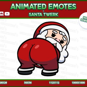 Könnte beinhalten: Animiertes Santa Claus Emote mit rotem Anzug und Mütze, weißem Bart, beim Twerken. Das Bild enthält den Text "ANIMATED EMOTES" und "SANTA TWERK". Sofortiger Download verfügbar.