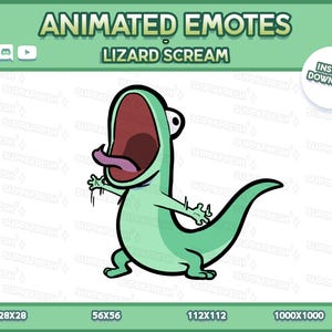 Puede incluir: Emoticón animado de un lagarto verde gritando con la boca abierta y la lengua fuera. La imagen incluye el texto "ANIMATED EMOTES LIZARD SCREAM" y "INSTANT DOWNLOAD".