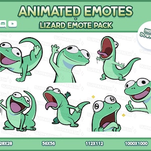Puede incluir: Colección de emoticonos animados de lagartos en varias poses, con expresiones como saludar y bocas abiertas. El texto "ANIMATED EMOTES LIZARD EMOTE PACK" se muestra en la parte superior, con "INSTANT DOWNLOAD" en un círculo.