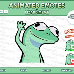 May include: Animated emotes featuring a cartoon lizard meme. The lizard is light green with a white belly and black eyes, waving its hand. Includes bonus variants with "YES" and "NO" text. The image has the text "INSTANT DOWNLOAD" and "FREE VARIANTS".