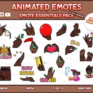 May include: A digital collection of animated emotes titled ANIMATED EMOTES EMOTE ESSENTIALS PACK BLACK VERSION. The set features various hand gestures with teal manicured nails, including holding a cup, a red ball, a credit card, and a spray bottle, with text like YES QUEEN, BOW DOWN, GIRL BYE, BLAH, CHEF'S KISS, and SLAY.