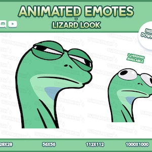 Peut inclure: Emotes animés représentant un lézard vert avec une expression ennuyée. L'image comprend le texte "ANIMATED EMOTES LIZARD LOOK" et "INSTANT DOWNLOAD". Disponible en plusieurs tailles, dont 28x28, 56x56, 112x112 et 1000x1000 pixels.