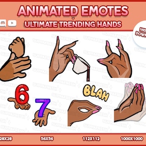 Peut inclure: Emotes animés représentant des gestes de la main, dont verser d'une tasse et tenir des chiffres. L'image comprend le mot "BLAH" et le texte "ULTIMATE TRENDING HANDS". Le bord est rouge et orange, avec "INSTANT DOWNLOAD".