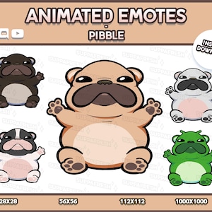 May include: Animated emotes featuring cartoon pugs in various colors: brown, tan, gray, black and white, and green. The emotes are in different sizes, including 28x28, 56x56, 112x112, and 1000x1000 pixels. The text "PIBBLE" is above the images.