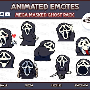 May include: A digital collection of animated emotes titled ANIMATED EMOTES MEGA MASKED GHOST PACK. The set features various cartoon ghost characters wearing black hooded robes and white masks with expressive faces, including one holding a knife.