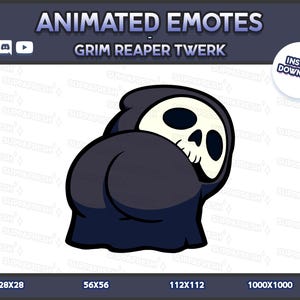 Peut inclure: Emote animé représentant la Faucheuse dans une cape à capuche noire, avec un visage de crâne blanc et des orbites sombres. La faucheuse est dans une pose de twerk. Le texte "ANIMATED EMOTES" et "GRIM REAPER TWERK" est inclus.