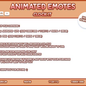 Peut inclure: Publicit&eacute; pour des emotes anim&eacute;es, avec le texte "Animated Emotes" et "Clock It". L'image d&eacute;taille le produit, comprenant 16 GIF anim&eacute;s et 12 fichiers PNG en tailles 1000x1000, 112x112, 56x56 et 28x28 pixels, disponibles en t&eacute;l&eacute;chargement instantan&eacute;.