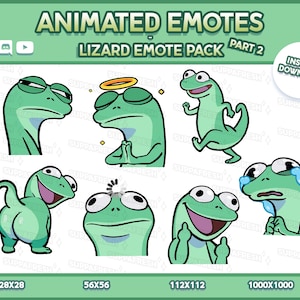 Puede incluir: Una colección digital de seis emoticonos animados de lagartos con varias expresiones, incluyendo una mirada escéptica, un halo, una pose de carrera, una vista trasera, un icono de carga y llanto. El texto dice ANIMATED EMOTES LIZARD EMOTE PACK PART 2.