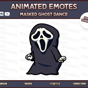 Pode incluir: Emote animado com um fantasma mascarado em uma túnica preta, dançando. O fantasma tem uma máscara branca com a boca bem aberta e buracos pretos para os olhos. Inclui o texto "ANIMATED EMOTES" e "MASKED GHOST DANCE".