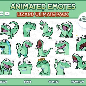 Może przedstawiać: Cyfrowa kolekcja animowanych emotikonów jaszczurek z różnymi wyrazami twarzy i pozami w odcieniach zieleni. Tekst brzmi ANIMATED EMOTES LIZARD ULIMATE PACK oraz INSTANT DOWNLOAD. Zestaw zawiera czternaście różnych postaci jaszczurek.