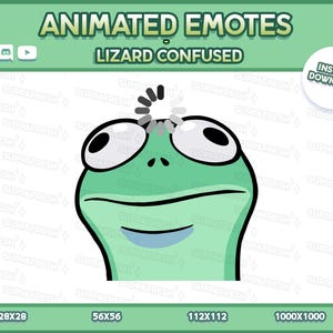 May include: A digital graphic of a green lizard with large white eyes and black pupils, featuring a loading spinner icon above its head. The text reads ANIMATED EMOTES LIZARD CONFUSED and INSTANT DOWNLOAD, with icons for Twitch, Discord, and YouTube.