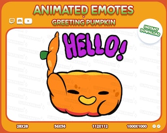 May include: Animated emote of a smiling orange pumpkin waving with a green stem. The word "HELLO!" is written in purple above the pumpkin. The image is labeled "GREETING PUMPKIN" and includes size options for instant download.