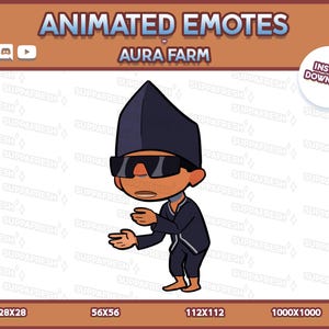 Könnte beinhalten: Animierter Emote mit einer Cartoonfigur in schwarzer Kleidung, Sonnenbrille und Hut. Der Text "ANIMATED EMOTES" und "AURA FARM" sind oben zu sehen. Der Text "INSTANT DOWNLOAD" ist enthalten.