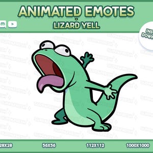 Könnte beinhalten: Eine digitale Grafik einer grünen Eidechse mit offenem Mund, herausgestreckter Zunge und erhobenen Armen. Das Bild trägt die Aufschrift "ANIMATED EMOTES LIZARD YELL" und enthält Größenoptionen. Ein weißer Kreis mit "INSTANT DOWNLOAD" befindet sich oben rechts.