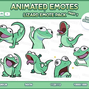 Könnte beinhalten: Eine digitale Sammlung von sechs animierten Echsen-Emotes mit dem Titel ANIMATED EMOTES LIZARD EMOTE PACK PART 1. Die grünen Echsen haben große Augen und zeigen verschiedene Ausdrücke wie Winken, Schreien und Daumen hoch. Enthält den Text INSTANT DOWNLOAD.