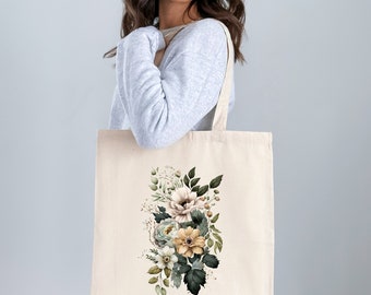 Floral Canvas Tote Bag, Canvas Tote Bag, Floral Tote Bag, Neutral Color Tote, Flower Tote Bag, Cute Floral Tote Bag, Flower Lovers