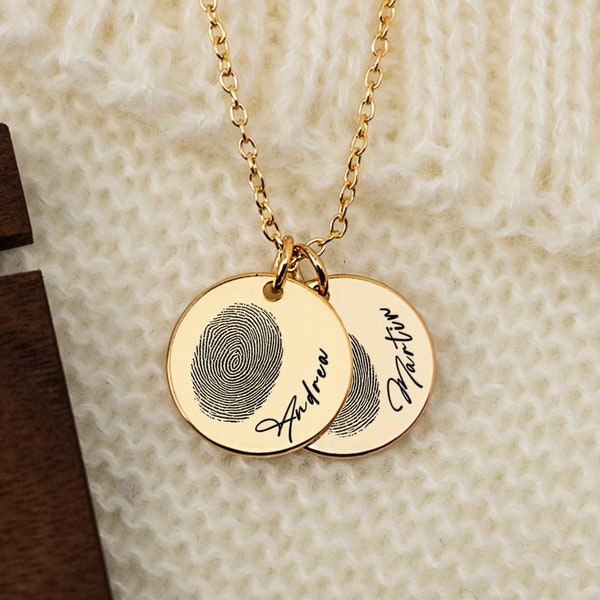 Dainty Fingerprint Necklace, Engraved Name Disc Necklace Gold, Silver Fingerprint Jewelry, Memorial Gift For Mom, Gift For Friend/Nanny/Mama