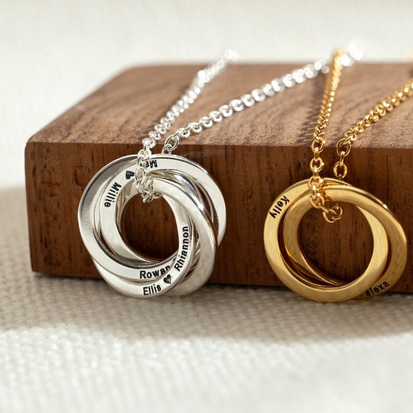 Personalized Circle Necklace Gold, Interlocking Circle Necklace, Engraved Ring Necklace, Family Necklace For Mom,Gift For Grandma/Wife/Nanny