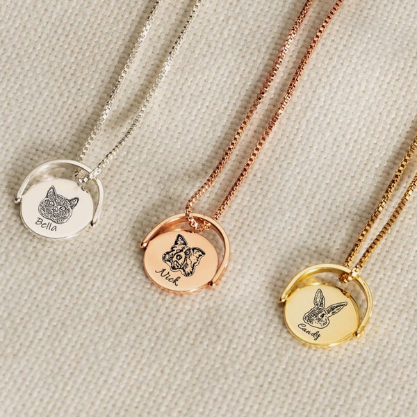 Custom Pet Portrait Necklace, Cat Dog Photo Necklace, Spinner Necklace, Pet Loss Gift, Pet Memorial Jewelry, Personalzied Gift For Dog Mom