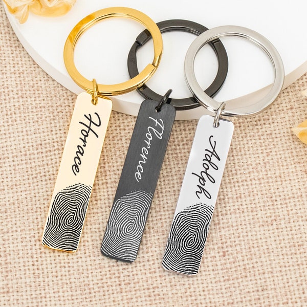 Personalized Fingerprint Keychain, Actual Fingerprint Keychain, Engraved Bar Keychain, Fathers Day Gift, Boyfriend Keychain, Memorial Gift