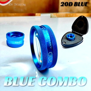 Op de afbeelding: Een blauwe ophthalmische lens met een 20D asferische inscriptie. De lens zit in een blauwe behuizing met een SciMed-logo. De lens maakt deel uit van een blauwe comb set.