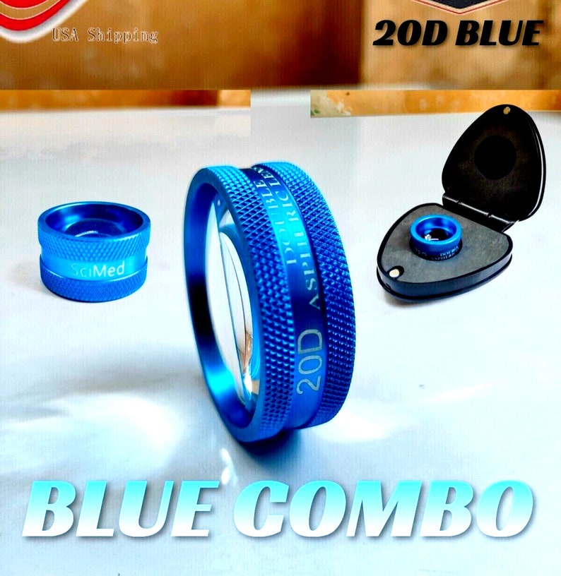 Op de afbeelding: Een blauwe ophthalmische lens met een 20D asferische inscriptie. De lens zit in een blauwe behuizing met een SciMed-logo. De lens maakt deel uit van een blauwe comb set.