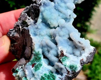 Druzy Raw Blue Chalcedony and Malachite Specimen. Botroiydal Blue Chalcedony. Raw Blue Chalcedony. Crystal Specimen. Malachite on Chalcedony
