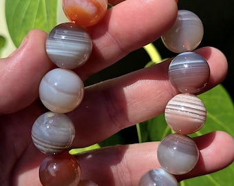 16 mm Pink Botswana Agate Beaded Bracelet. African Agate Jewelry. Banded Agate. Botswana Pink Agate. Pink Agate Jewelry. Crystal Bracelet.