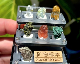 Mixed Specimen Perky Box. Collectors Mineral Specimen Box. Mini Specimen Box. Mineral Perky Box Sampler. Malachite. Rutile. Quartz. Calcite.