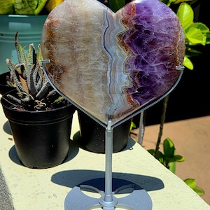 Amazing XL Crazy Lace Agate Purple Amethyst Heart Freeform With Stand! Mexico Agate. Purple Amethyst Heart. Crystal Heart Freeform.
