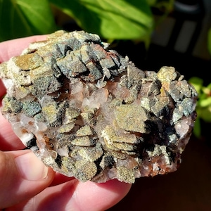 Lovely Rainbow Chalcopyrite on Red Pagoda Calcite Specimen! Chalcopyrite Calcite Specimen. Pyrite Specimen. Pagoda Calcite. Red Calcite.